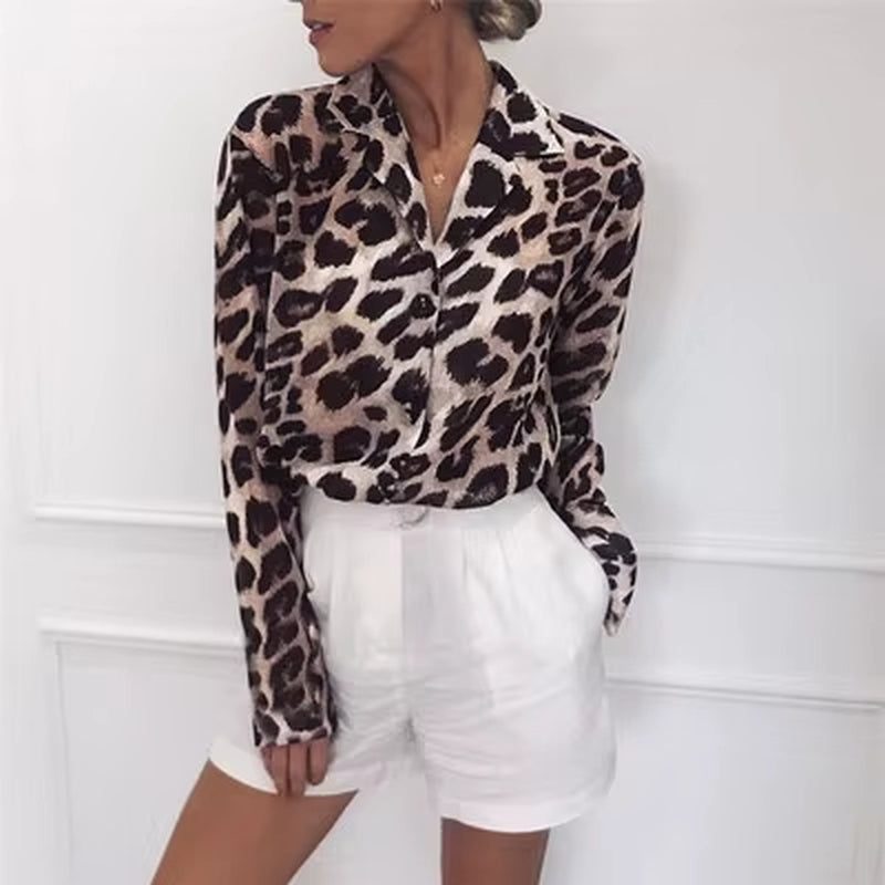Chiffon Blouse Long Sleeve Sexy Leopard Print Blouse Turn down Collar Lady Office Shirt Tunic Casual Loose Tops Oversized
