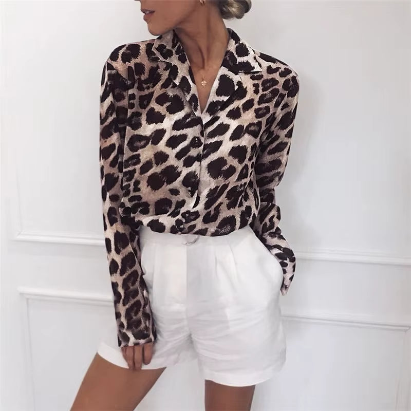Chiffon Blouse Long Sleeve Sexy Leopard Print Blouse Turn down Collar Lady Office Shirt Tunic Casual Loose Tops Oversized