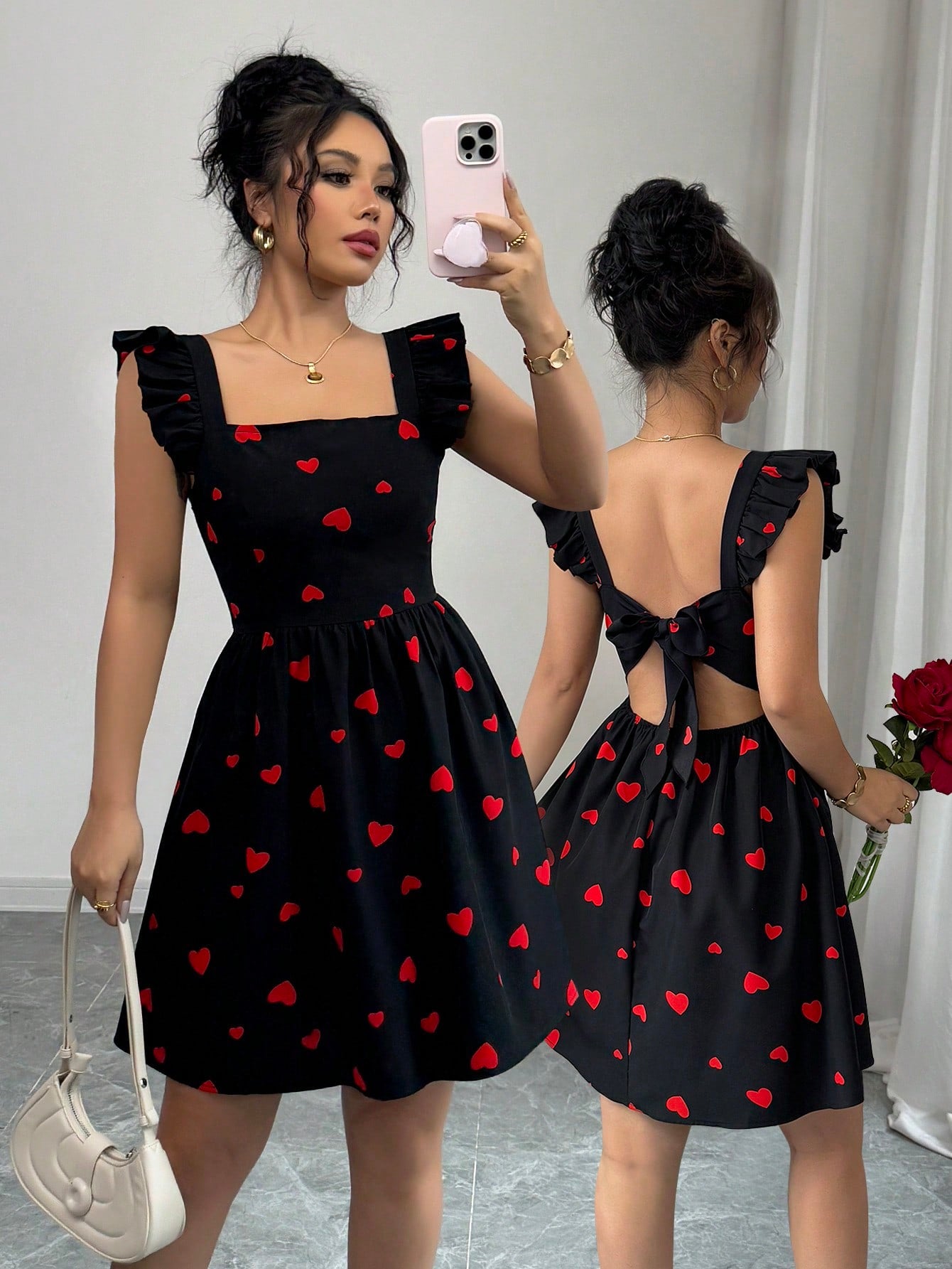 Breezaya Summer Random Ditsy Floral Print Backless Ruffle Hem High Waist Dress Graduation Dress