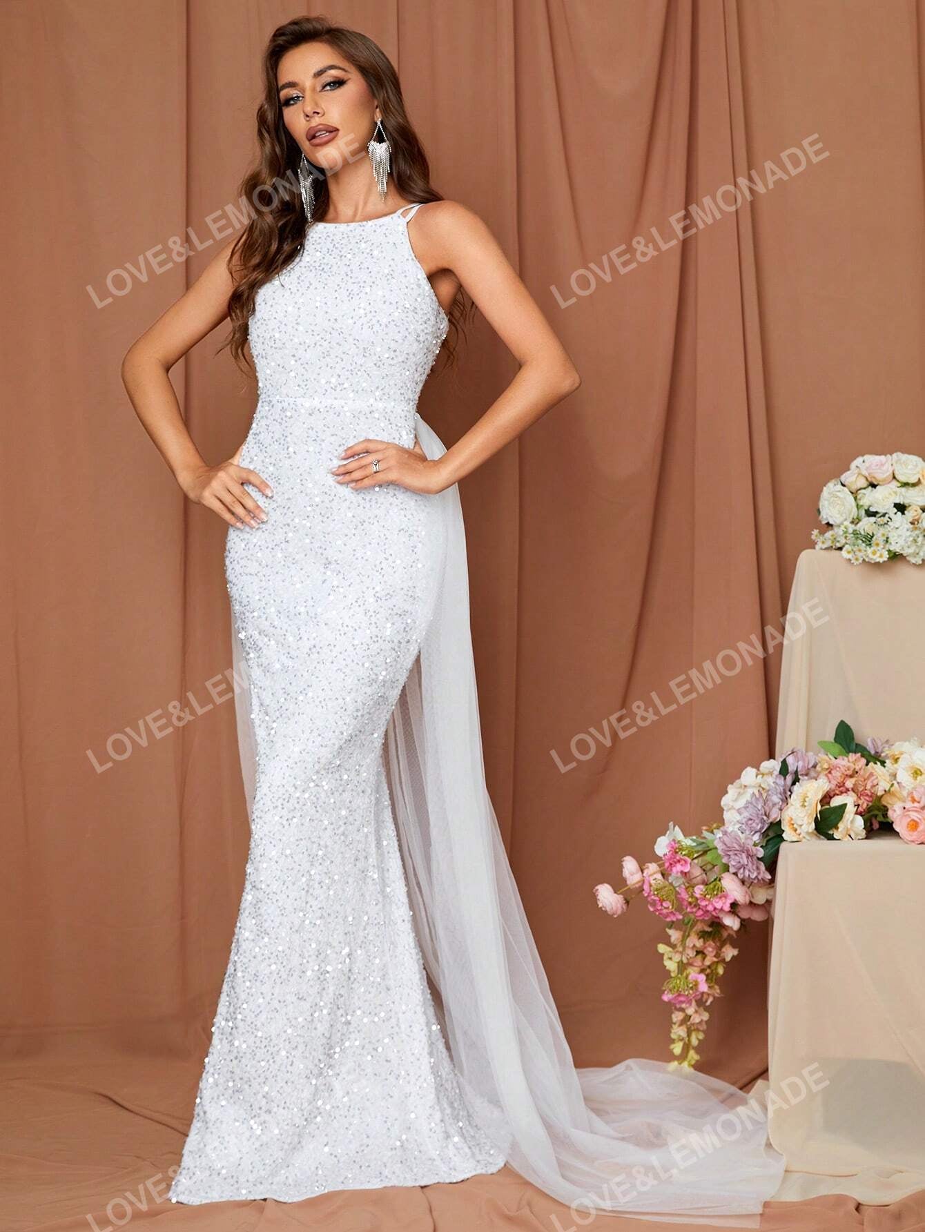 LOVE&LEMONADE Women'S White Fish Tail Wedding Dress with Straps