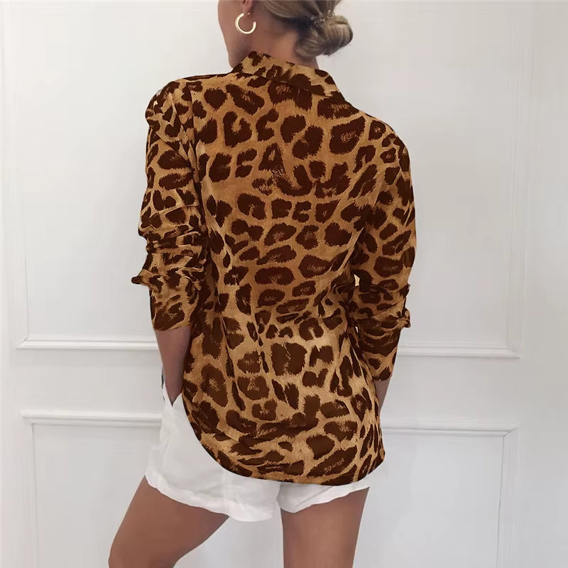 Chiffon Blouse Long Sleeve Sexy Leopard Print Blouse Turn down Collar Lady Office Shirt Tunic Casual Loose Tops Oversized