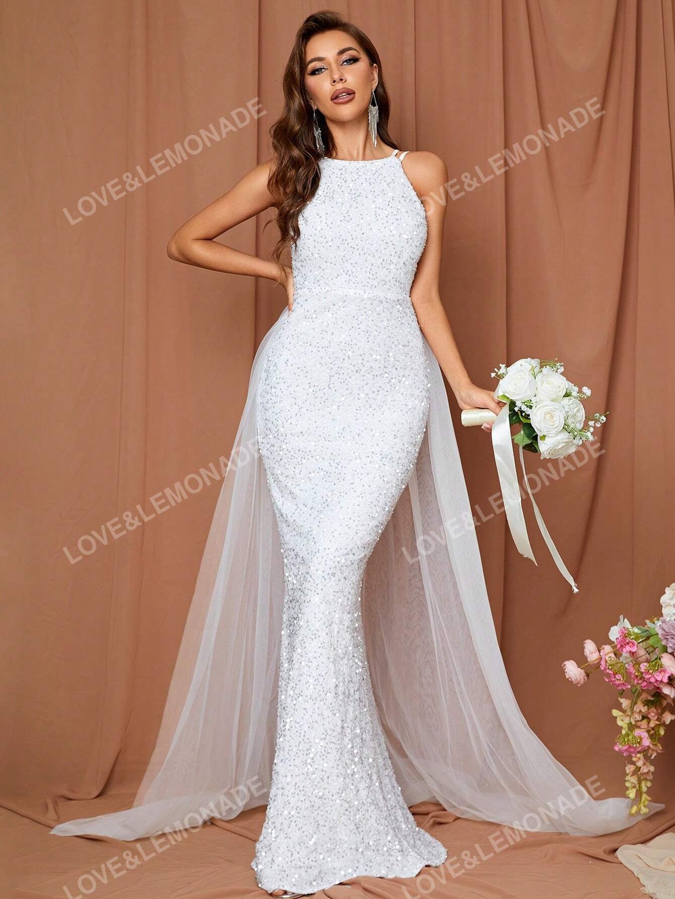 LOVE&LEMONADE Women'S White Fish Tail Wedding Dress with Straps