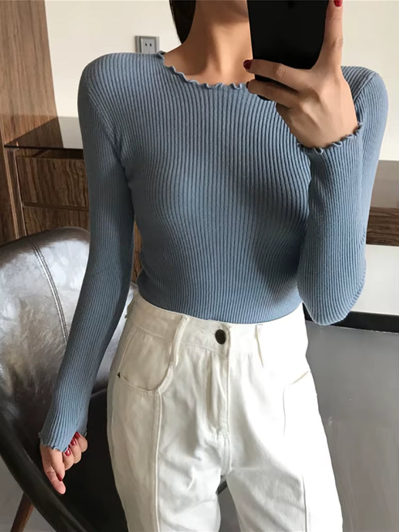 O Neck Ruched Women Sweater High Elastic Solid 2025 Fall Winter Fashion Sweater Women Slim Sexy Knitted Pullovers Pull Femme