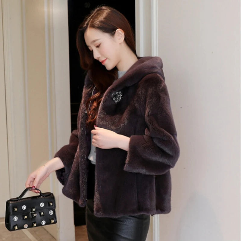 Mink Coat Ladies Full Mink Grass Coat Mink Short Winter Fashion Casual Hoodie Jacket