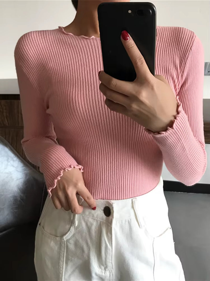 O Neck Ruched Women Sweater High Elastic Solid 2025 Fall Winter Fashion Sweater Women Slim Sexy Knitted Pullovers Pull Femme