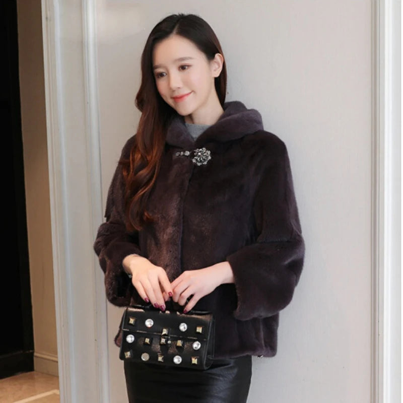 Mink Coat Ladies Full Mink Grass Coat Mink Short Winter Fashion Casual Hoodie Jacket
