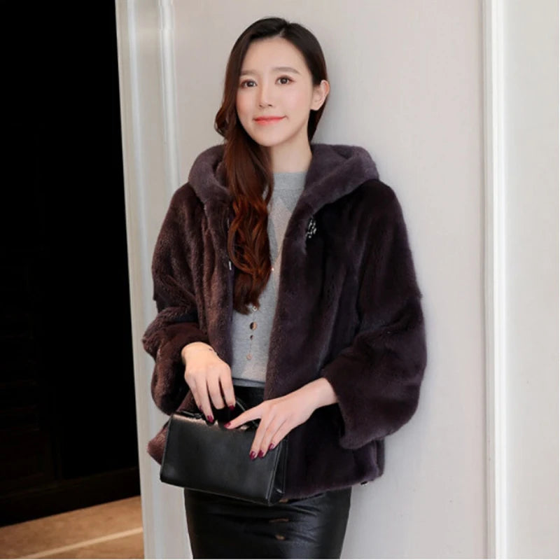 Mink Coat Ladies Full Mink Grass Coat Mink Short Winter Fashion Casual Hoodie Jacket