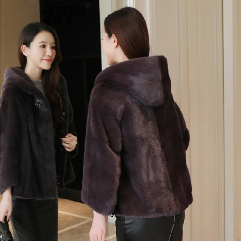 Mink Coat Ladies Full Mink Grass Coat Mink Short Winter Fashion Casual Hoodie Jacket