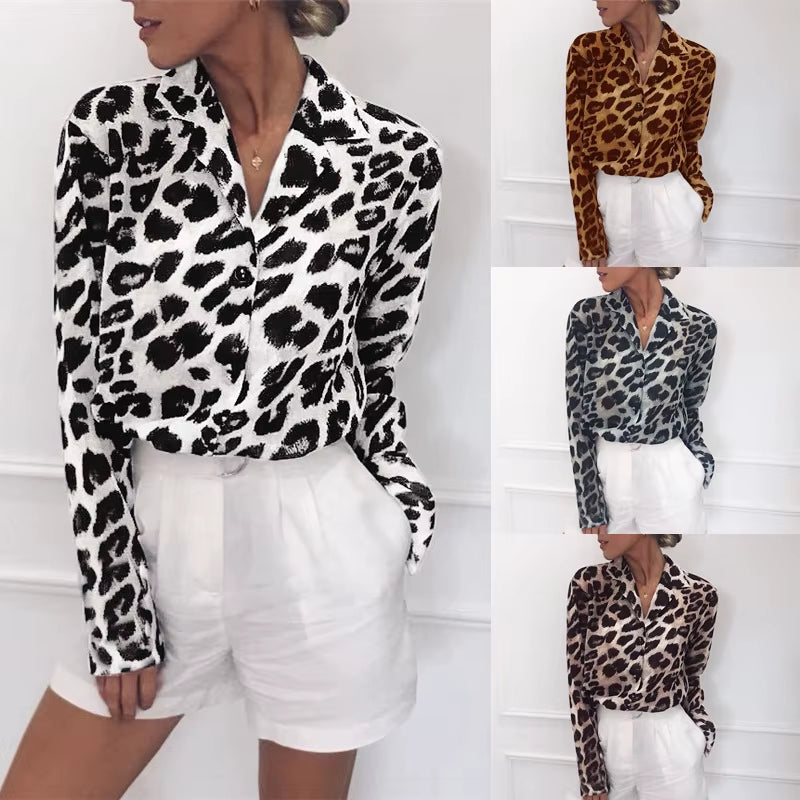 Chiffon Blouse Long Sleeve Sexy Leopard Print Blouse Turn down Collar Lady Office Shirt Tunic Casual Loose Tops Oversized
