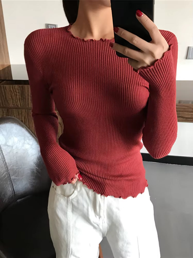 O Neck Ruched Women Sweater High Elastic Solid 2025 Fall Winter Fashion Sweater Women Slim Sexy Knitted Pullovers Pull Femme