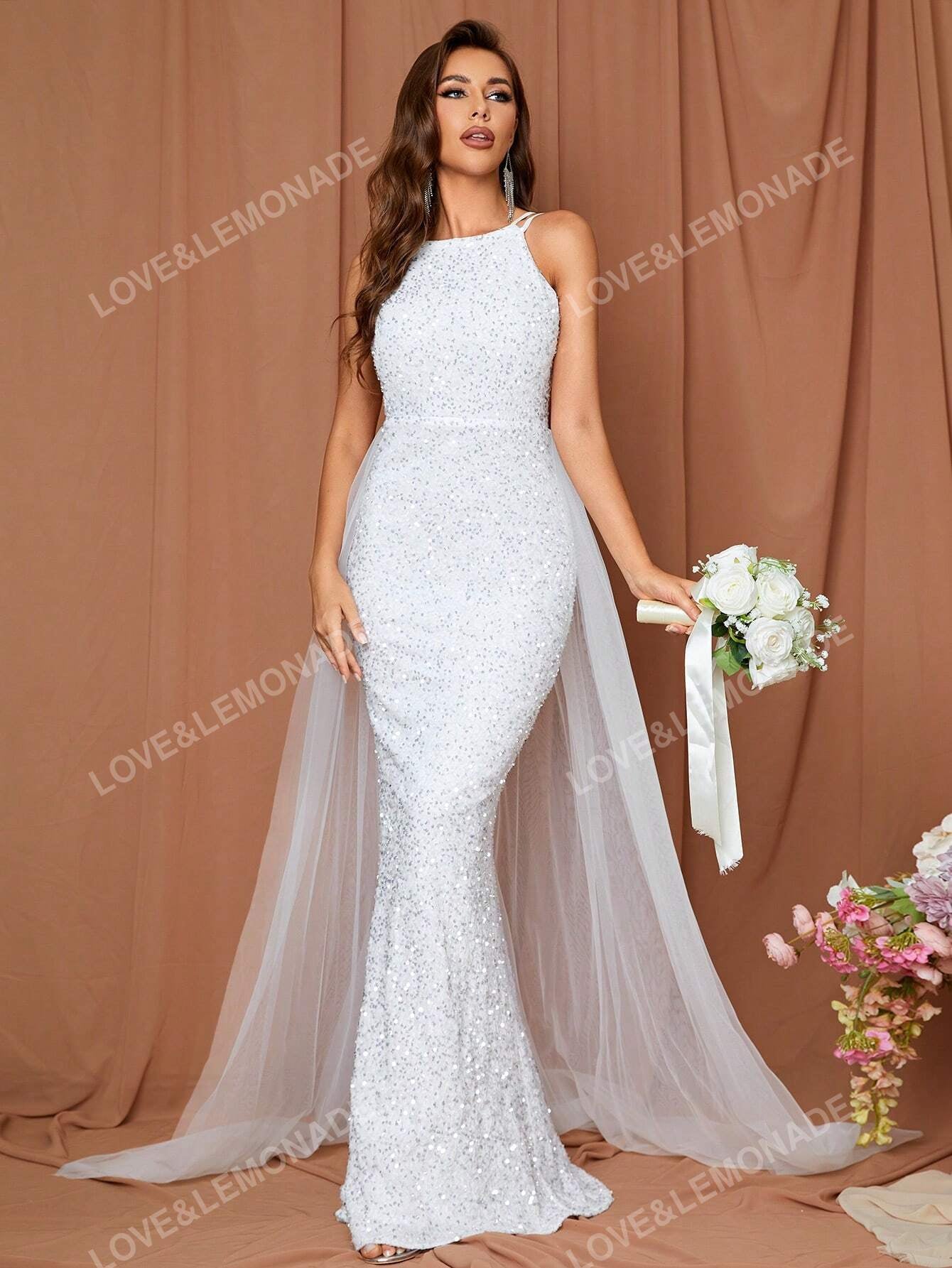 LOVE&LEMONADE Women'S White Fish Tail Wedding Dress with Straps