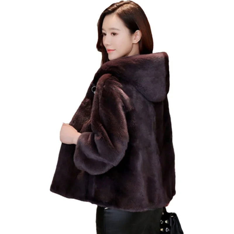 Mink Coat Ladies Full Mink Grass Coat Mink Short Winter Fashion Casual Hoodie Jacket
