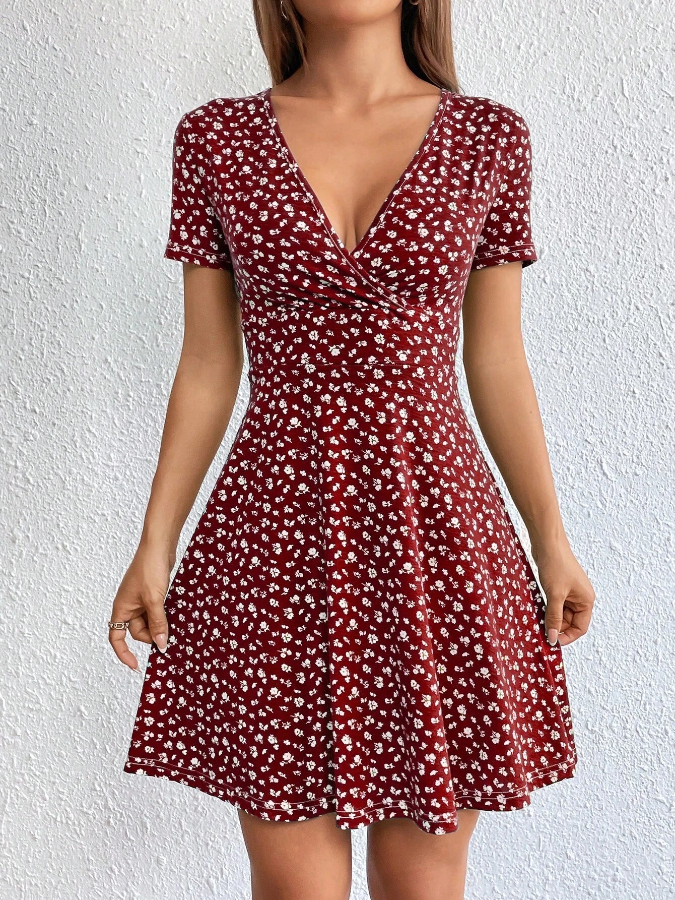 Ezwear Women Spring/Summer Elegant Wrap Heart Polka Dot Print V-Neck Short Sleeve Dress,Sun Dress