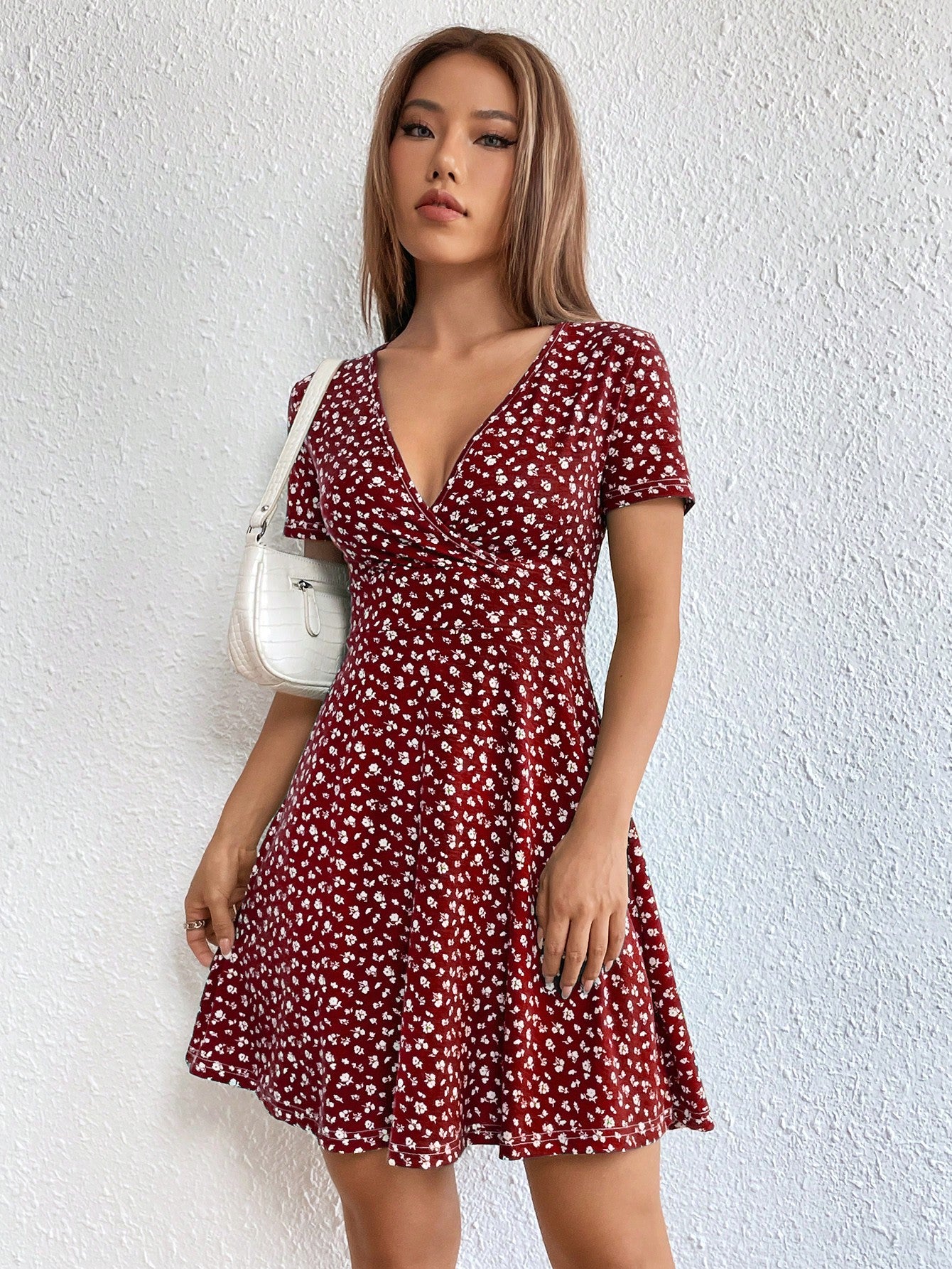 Ezwear Women Spring/Summer Elegant Wrap Heart Polka Dot Print V-Neck Short Sleeve Dress,Sun Dress