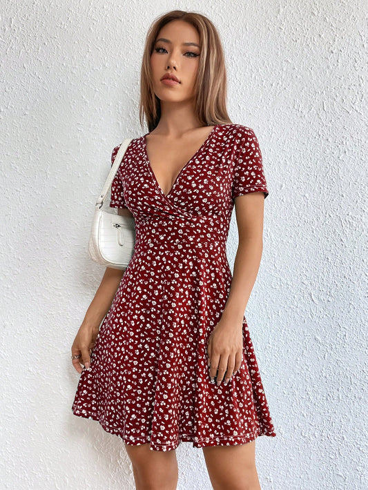 Ezwear Women Spring/Summer Elegant Wrap Heart Polka Dot Print V-Neck Short Sleeve Dress,Sun Dress