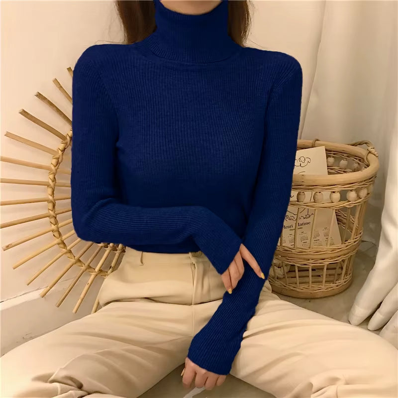 Turtleneck Pullovers Sweaters Women Autumn Winter Primer Shirt Long Sleeve Short Slim-Fit Tight Jumper Tops Solid