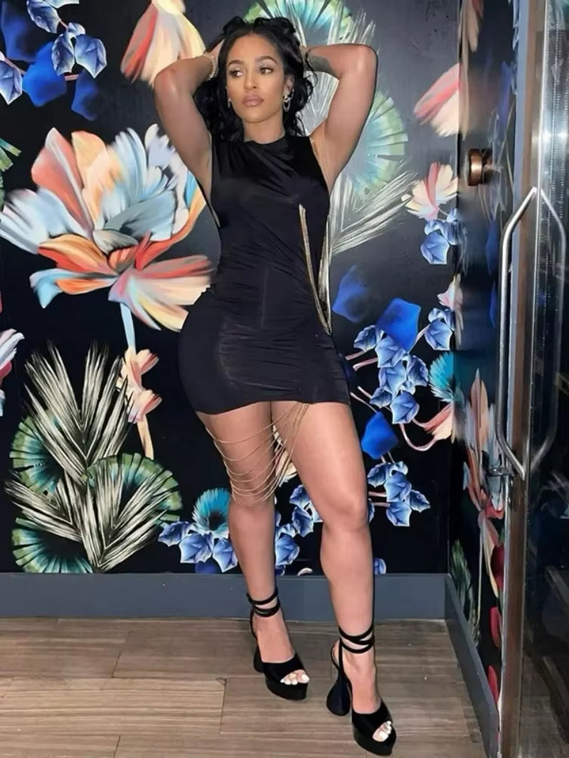 Solid Fringe Sexy Dress Slim Cut-Out Streetwear Sleeveless O-Neck Dresses One-Piece Summer High-Waisted Casual Women Clothing
