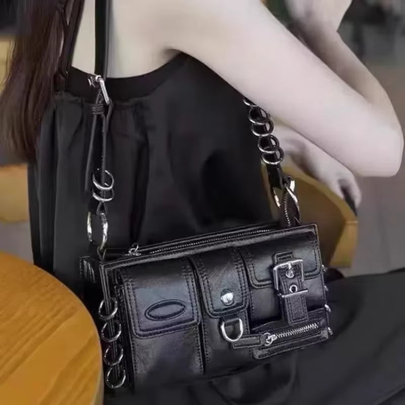 Meet You Y2K Vintage Gothic Black Shoulder Bag for Women Punk Cool Girls Multi-Pocket Pu Leather Underarm Bag Trend Tote Bag