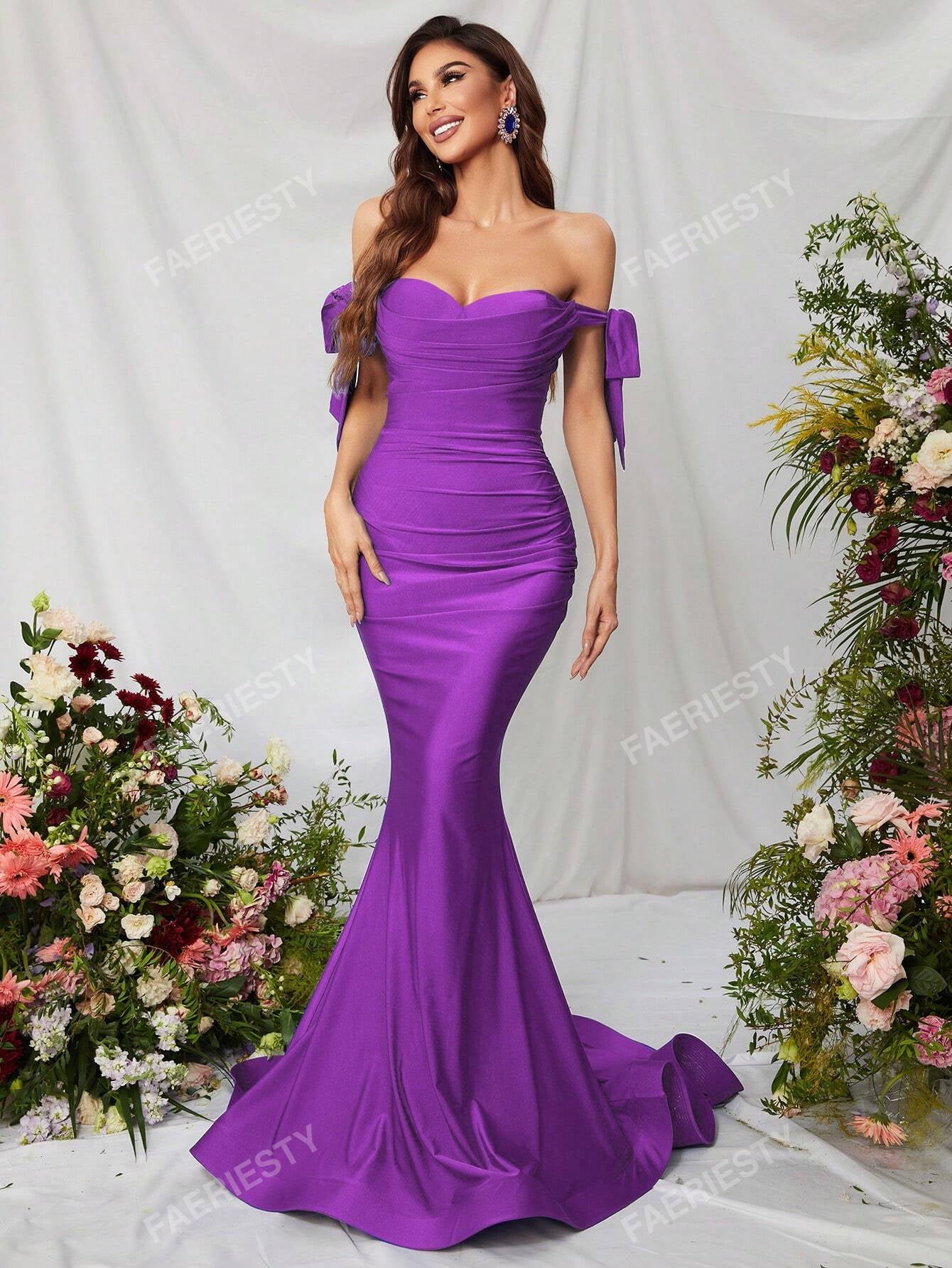 Off Shoulder Knot Side Ruched Satin Formal Dress, Elegant Prom Evening Wedding Guest Gown, for Graduation, Dinner