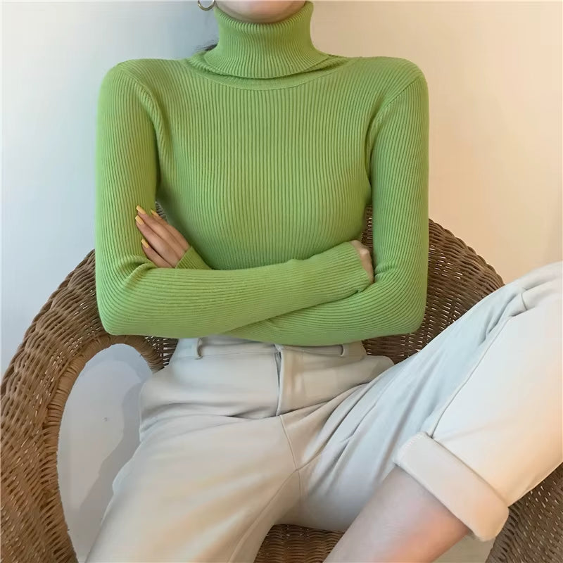Turtleneck Pullovers Sweaters Women Autumn Winter Primer Shirt Long Sleeve Short Slim-Fit Tight Jumper Tops Solid