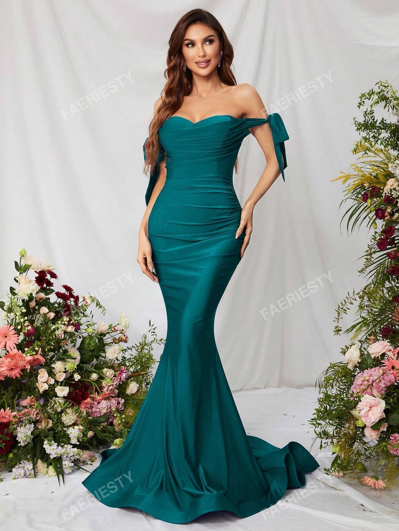 Off Shoulder Knot Side Ruched Satin Formal Dress, Elegant Prom Evening Wedding Guest Gown, for Graduation, Dinner