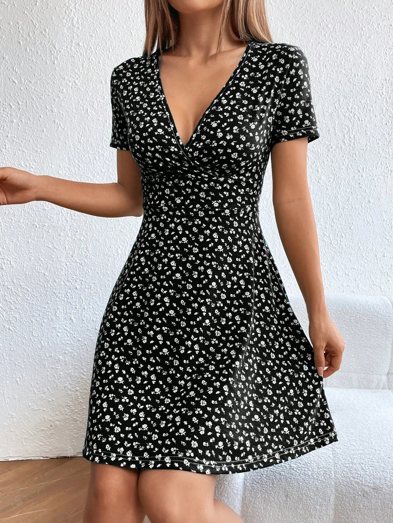 Ezwear Women Spring/Summer Elegant Wrap Heart Polka Dot Print V-Neck Short Sleeve Dress,Summer Dresses for Women