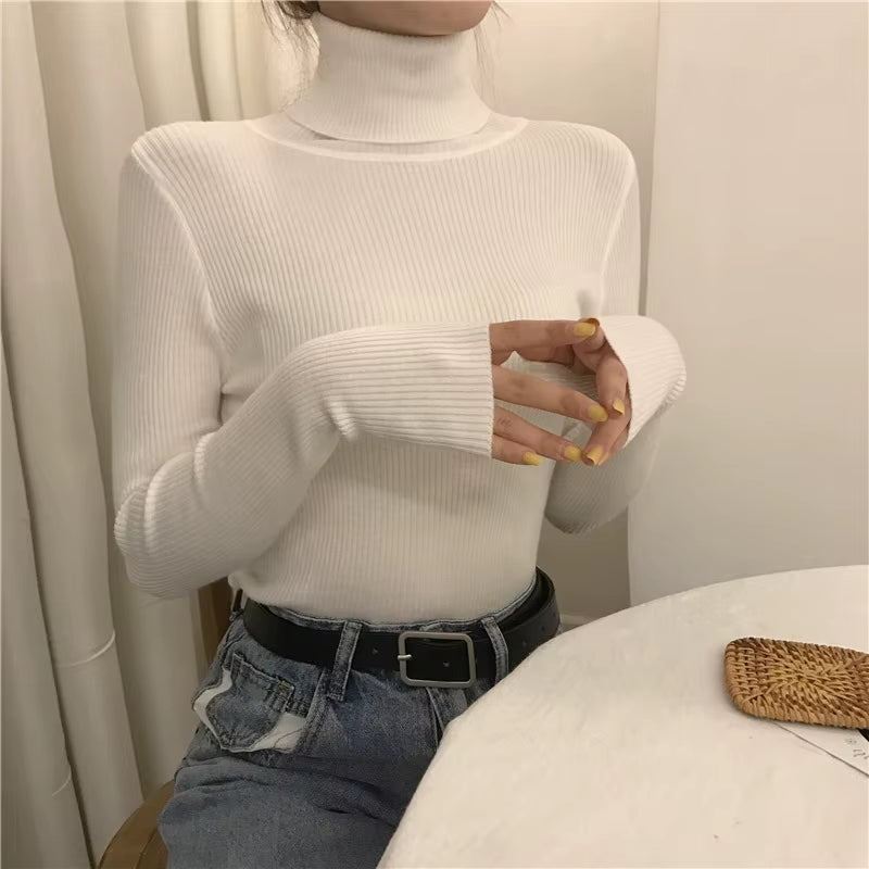 Turtleneck Pullovers Sweaters Women Autumn Winter Primer Shirt Long Sleeve Short Slim-Fit Tight Jumper Tops Solid