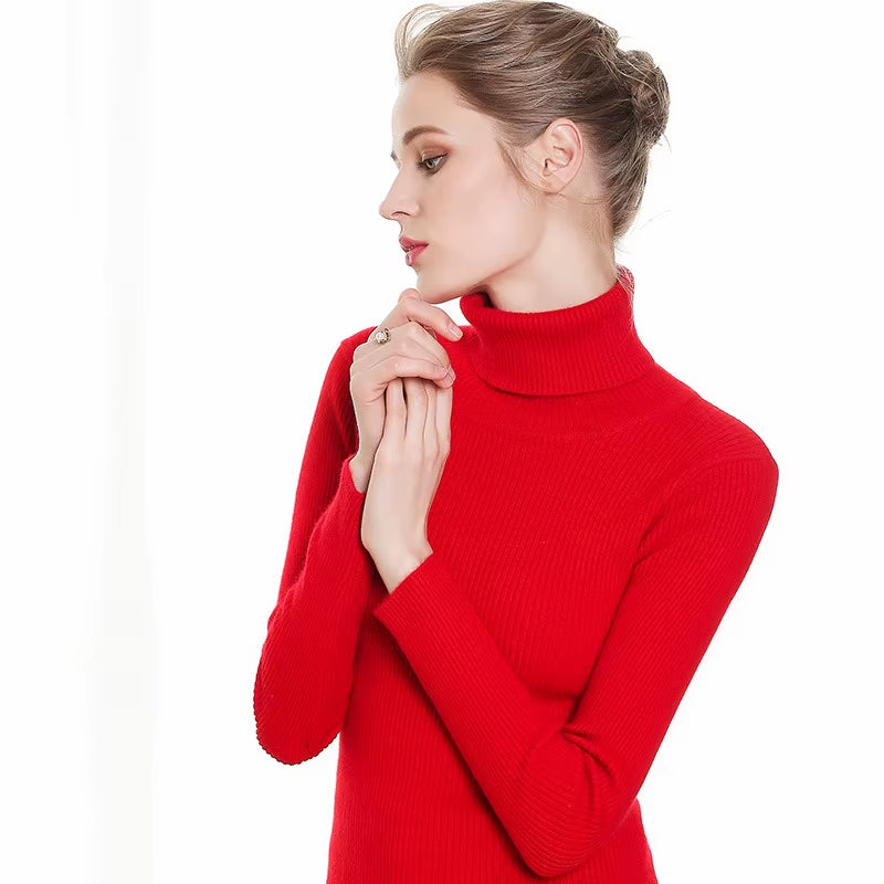 Turtleneck Pullovers Sweaters Women Autumn Winter Primer Shirt Long Sleeve Short Slim-Fit Tight Jumper Tops Solid