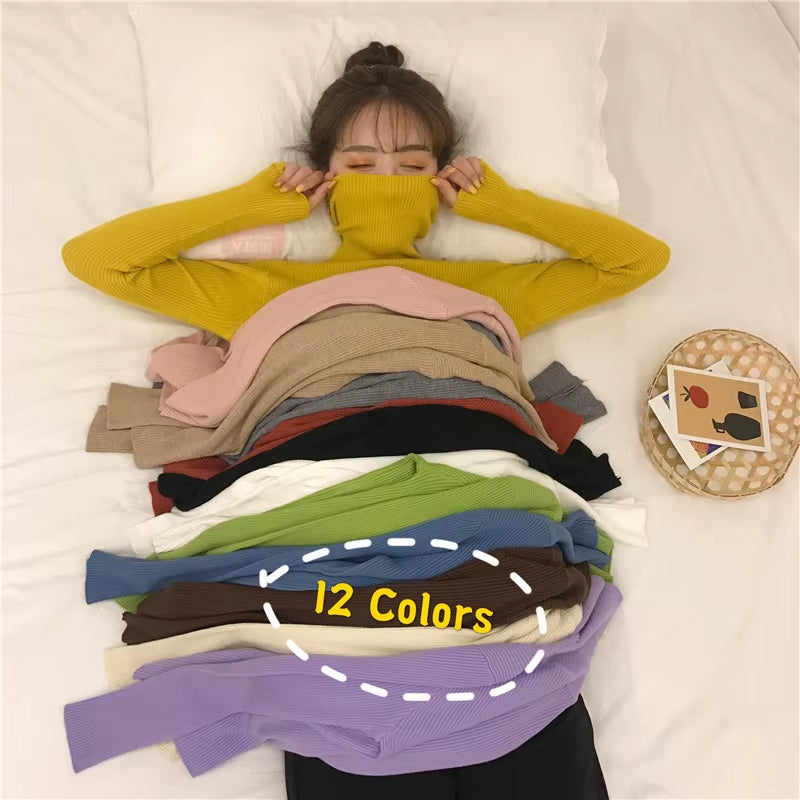 Turtleneck Pullovers Sweaters Women Autumn Winter Primer Shirt Long Sleeve Short Slim-Fit Tight Jumper Tops Solid