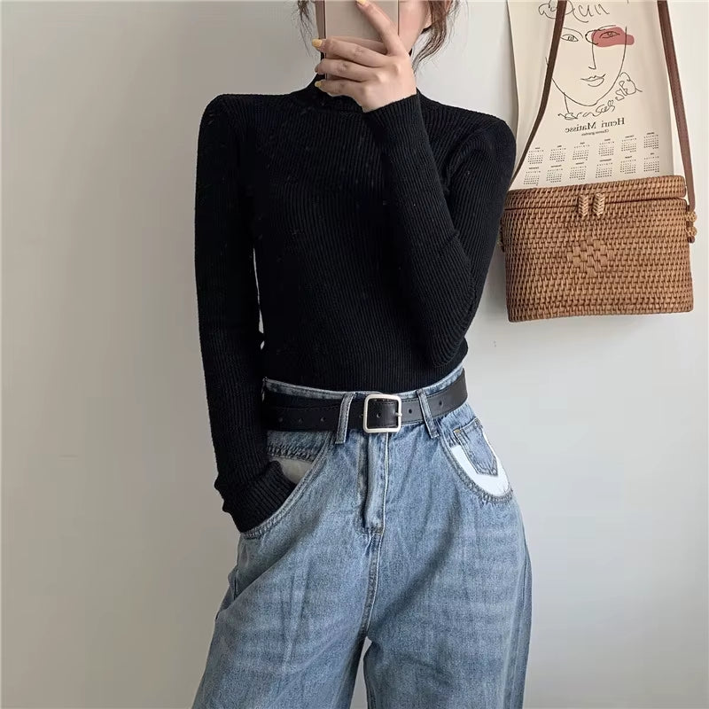 Turtleneck Pullovers Sweaters Women Autumn Winter Primer Shirt Long Sleeve Short Slim-Fit Tight Jumper Tops Solid