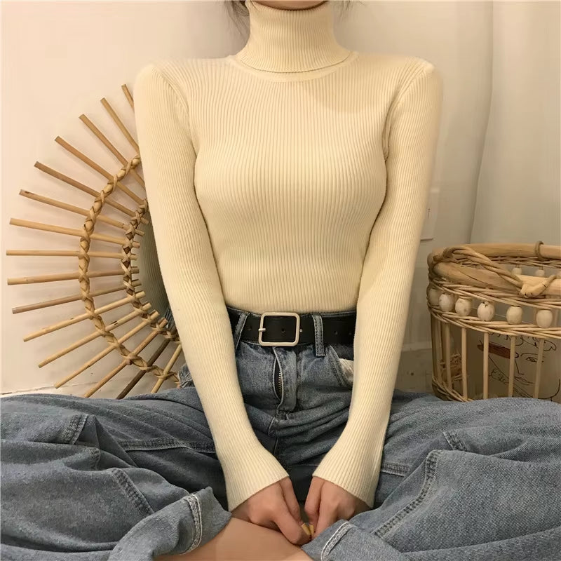 Turtleneck Pullovers Sweaters Women Autumn Winter Primer Shirt Long Sleeve Short Slim-Fit Tight Jumper Tops Solid