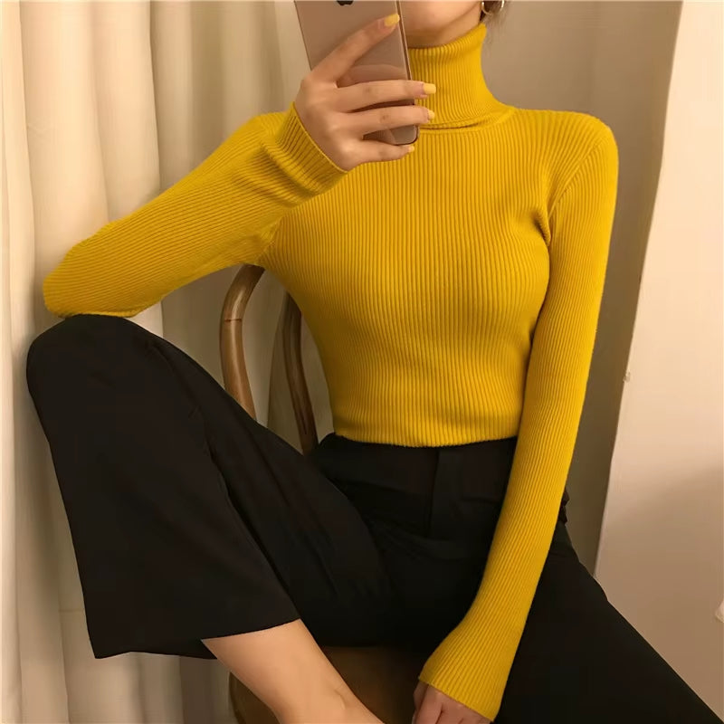 Turtleneck Pullovers Sweaters Women Autumn Winter Primer Shirt Long Sleeve Short Slim-Fit Tight Jumper Tops Solid