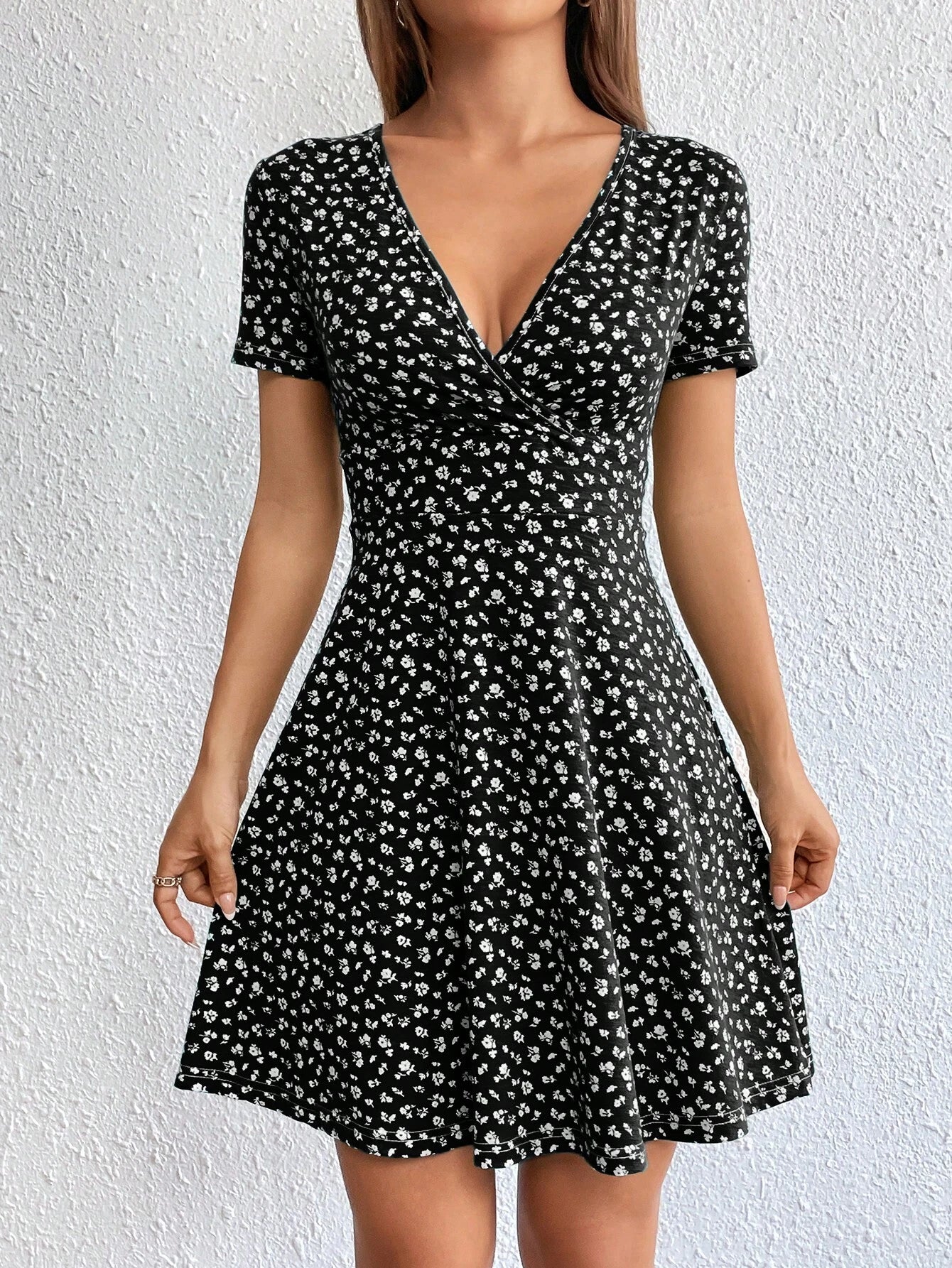 Ezwear Women Spring/Summer Elegant Wrap Heart Polka Dot Print V-Neck Short Sleeve Dress,Summer Dresses for Women