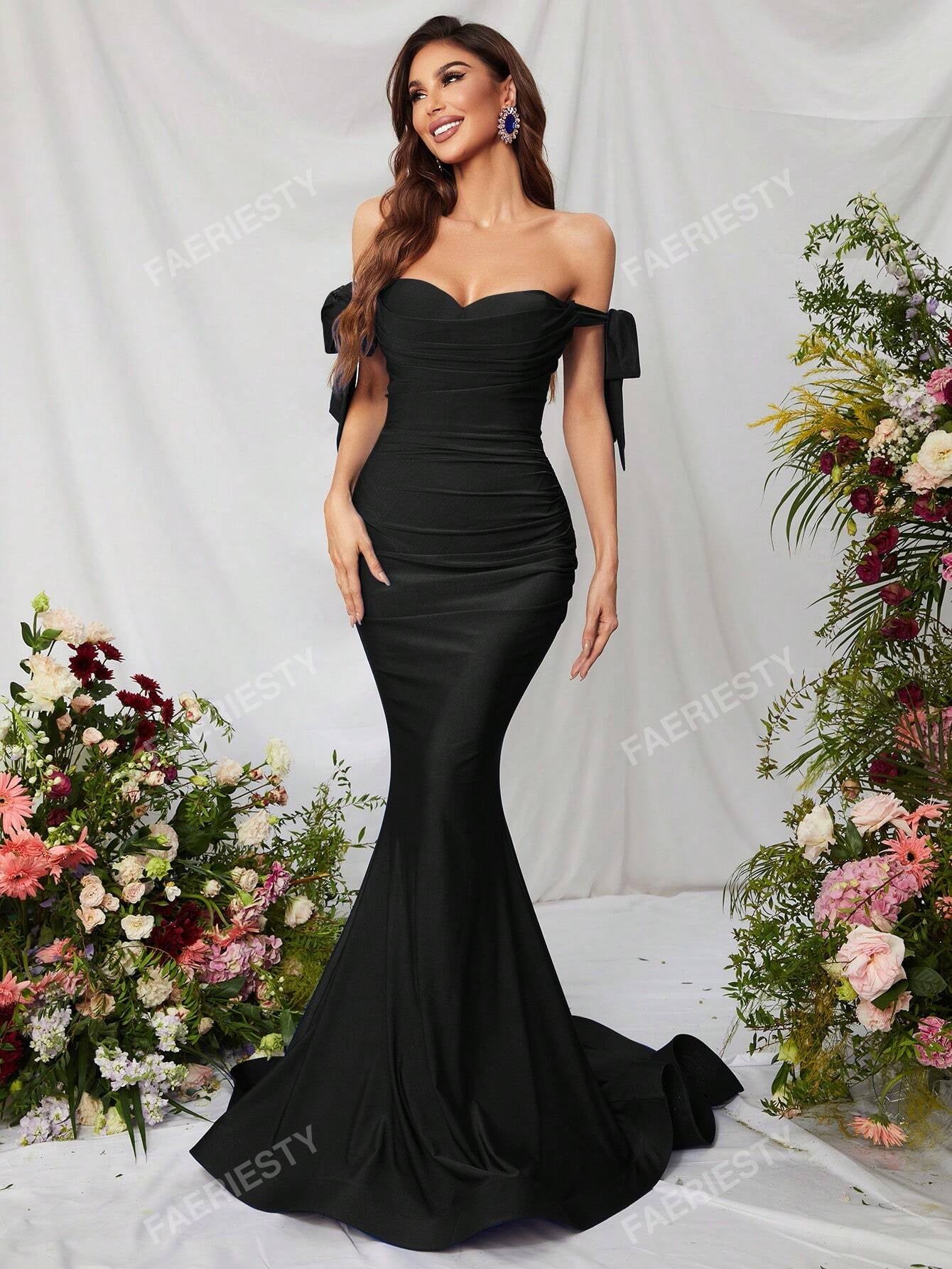 Off Shoulder Knot Side Ruched Satin Formal Dress, Elegant Prom Evening Wedding Guest Gown, for Graduation, Dinner