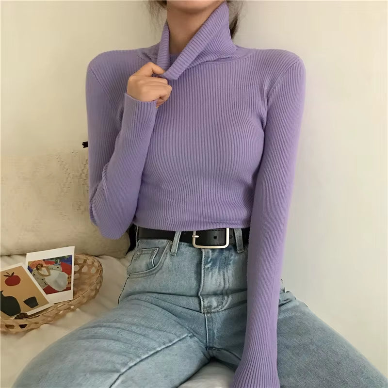Turtleneck Pullovers Sweaters Women Autumn Winter Primer Shirt Long Sleeve Short Slim-Fit Tight Jumper Tops Solid
