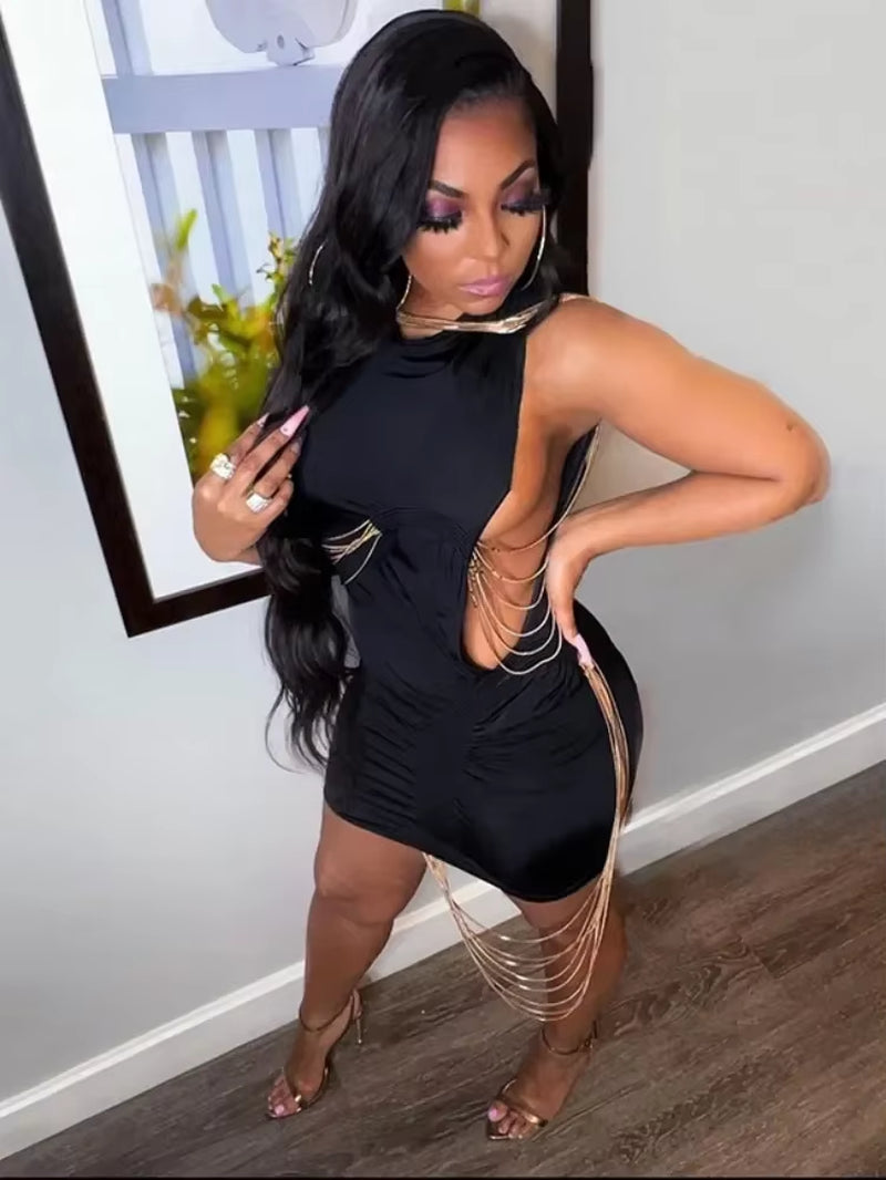 Solid Fringe Sexy Dress Slim Cut-Out Streetwear Sleeveless O-Neck Dresses One-Piece Summer High-Waisted Casual Women Clothing