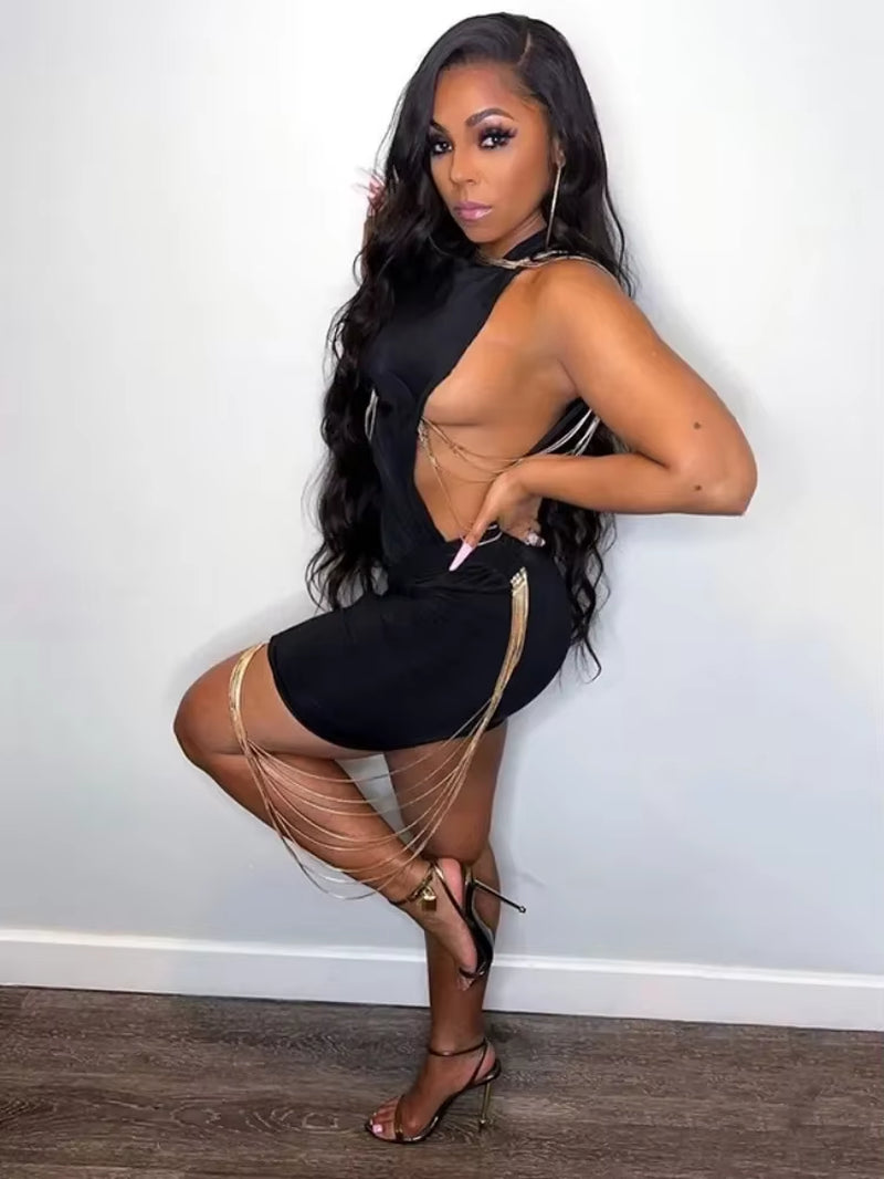 Solid Fringe Sexy Dress Slim Cut-Out Streetwear Sleeveless O-Neck Dresses One-Piece Summer High-Waisted Casual Women Clothing