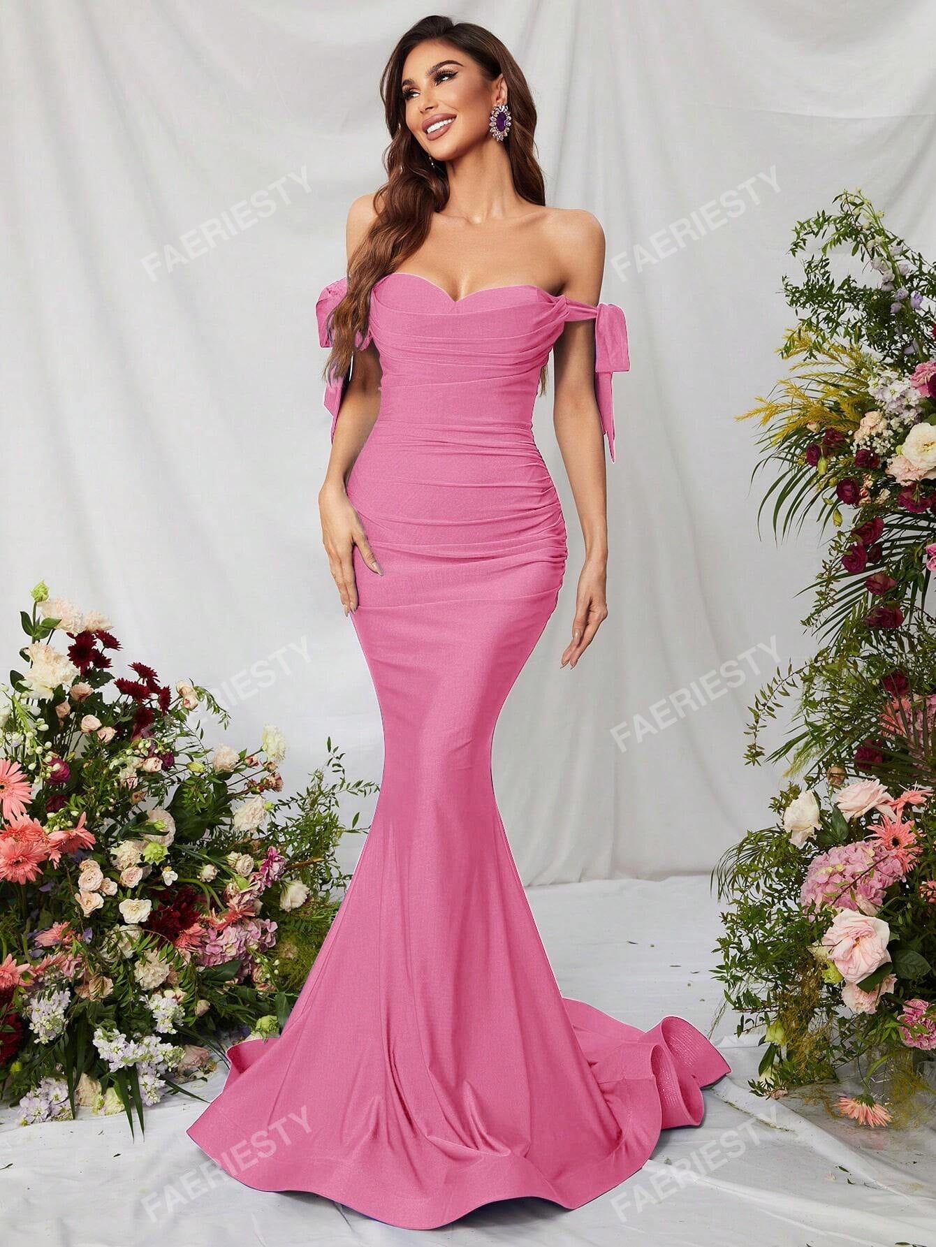Off Shoulder Knot Side Ruched Satin Formal Dress, Elegant Prom Evening Wedding Guest Gown, for Graduation, Dinner