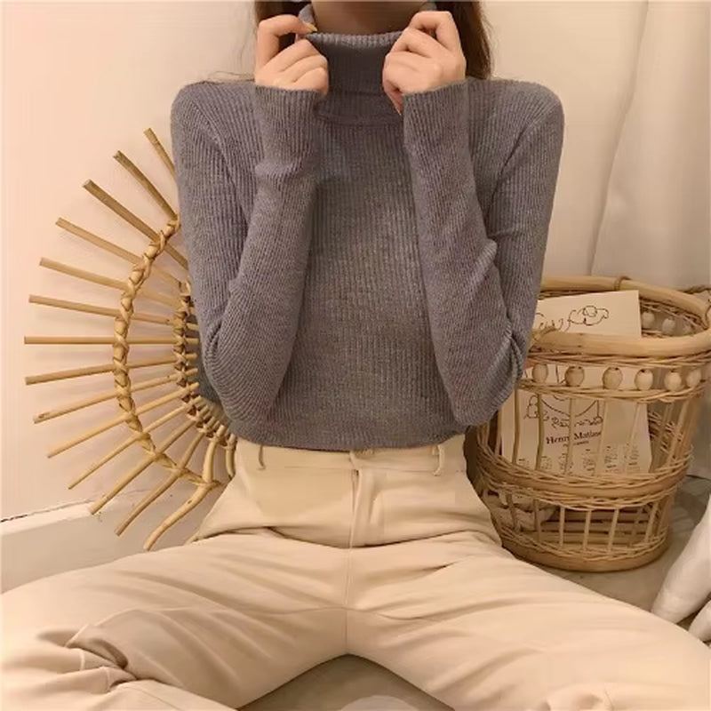 Turtleneck Pullovers Sweaters Women Autumn Winter Primer Shirt Long Sleeve Short Slim-Fit Tight Jumper Tops Solid