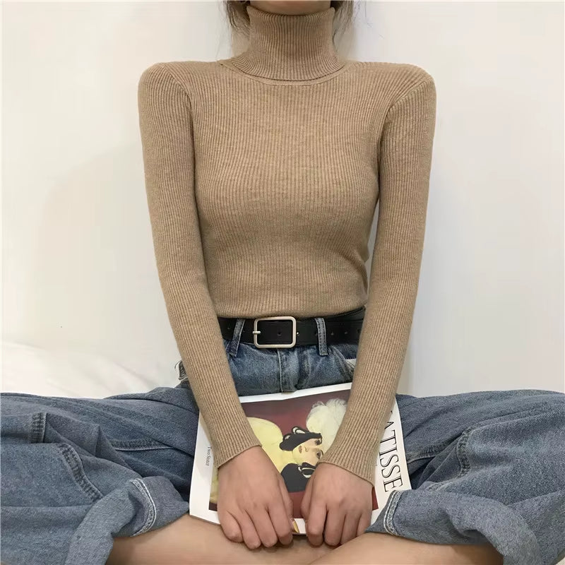 Turtleneck Pullovers Sweaters Women Autumn Winter Primer Shirt Long Sleeve Short Slim-Fit Tight Jumper Tops Solid