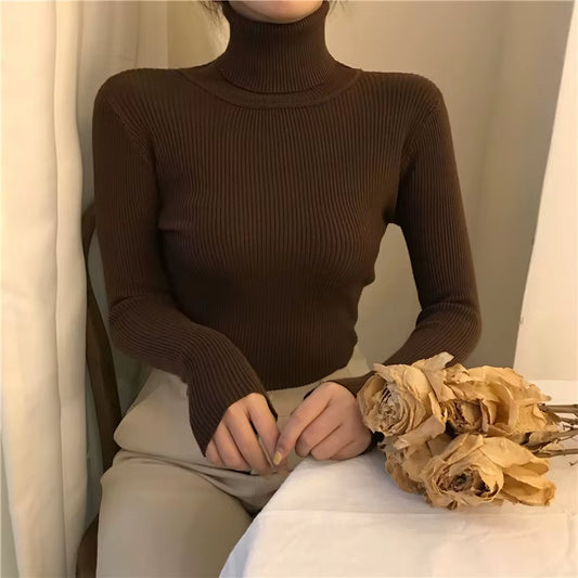 Turtleneck Pullovers Sweaters Women Autumn Winter Primer Shirt Long Sleeve Short Slim-Fit Tight Jumper Tops Solid