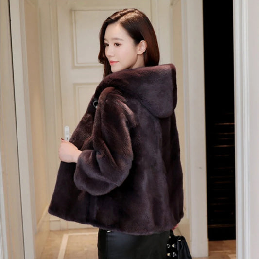 Mink Coat Ladies Full Mink Grass Coat Mink Short Winter Fashion Casual Hoodie Jacket