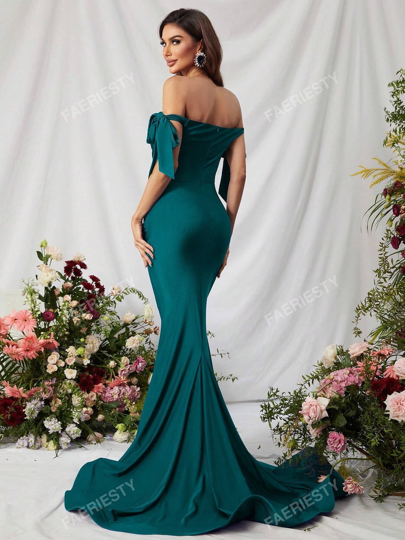 Off Shoulder Knot Side Ruched Satin Formal Dress, Elegant Prom Evening Wedding Guest Gown, for Graduation, Dinner