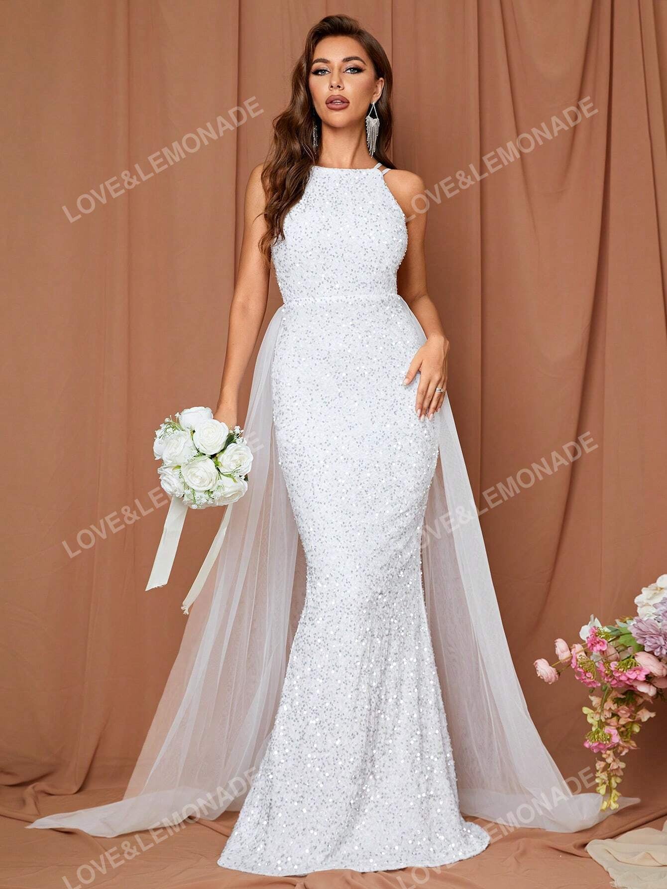 LOVE&LEMONADE Women'S White Fish Tail Wedding Dress with Straps