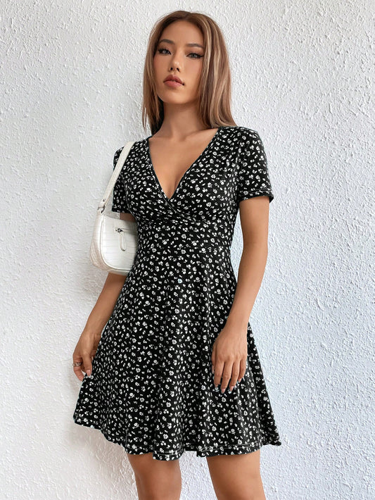 Ezwear Women Spring/Summer Elegant Wrap Heart Polka Dot Print V-Neck Short Sleeve Dress,Summer Dresses for Women