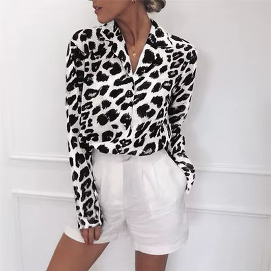 Chiffon Blouse Long Sleeve Sexy Leopard Print Blouse Turn down Collar Lady Office Shirt Tunic Casual Loose Tops Oversized