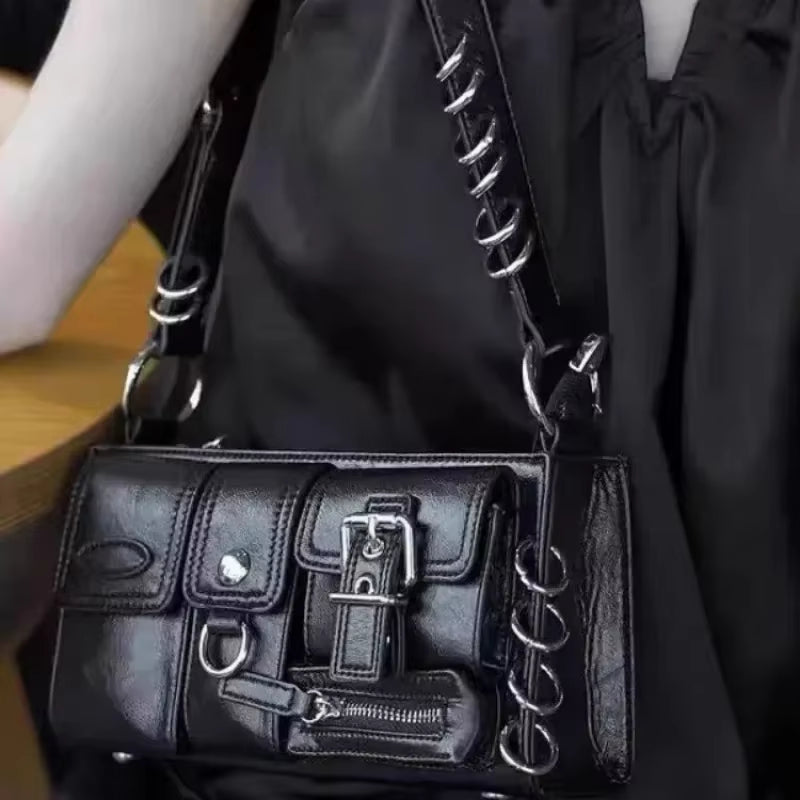Meet You Y2K Vintage Gothic Black Shoulder Bag for Women Punk Cool Girls Multi-Pocket Pu Leather Underarm Bag Trend Tote Bag