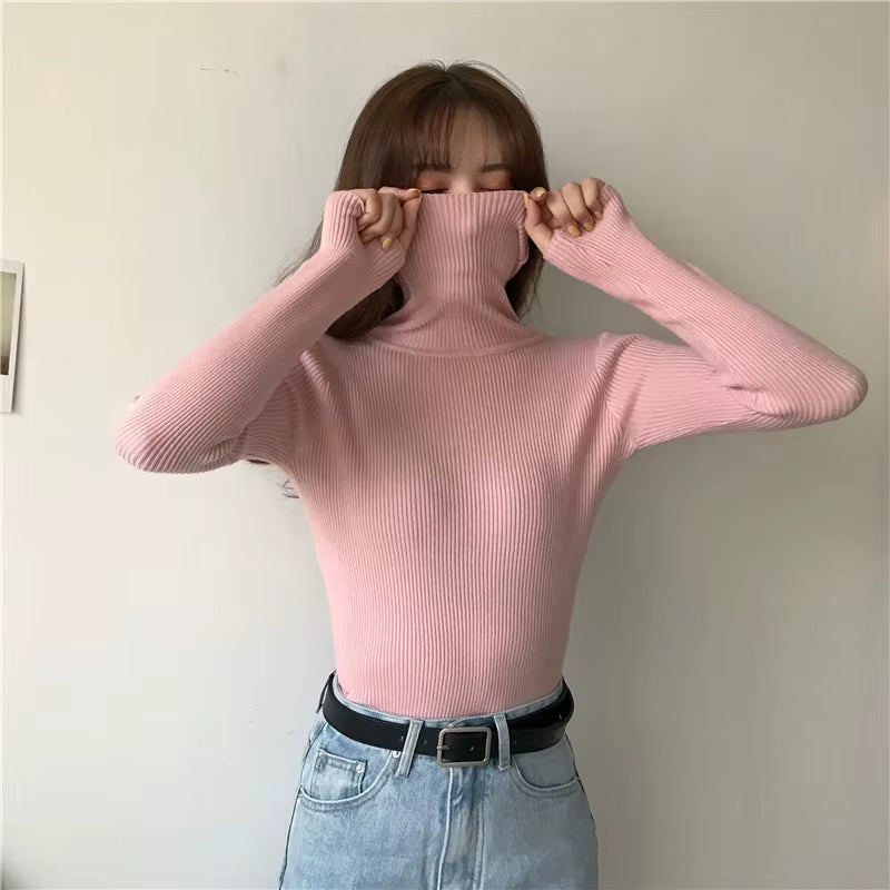 Turtleneck Pullovers Sweaters Women Autumn Winter Primer Shirt Long Sleeve Short Slim-Fit Tight Jumper Tops Solid