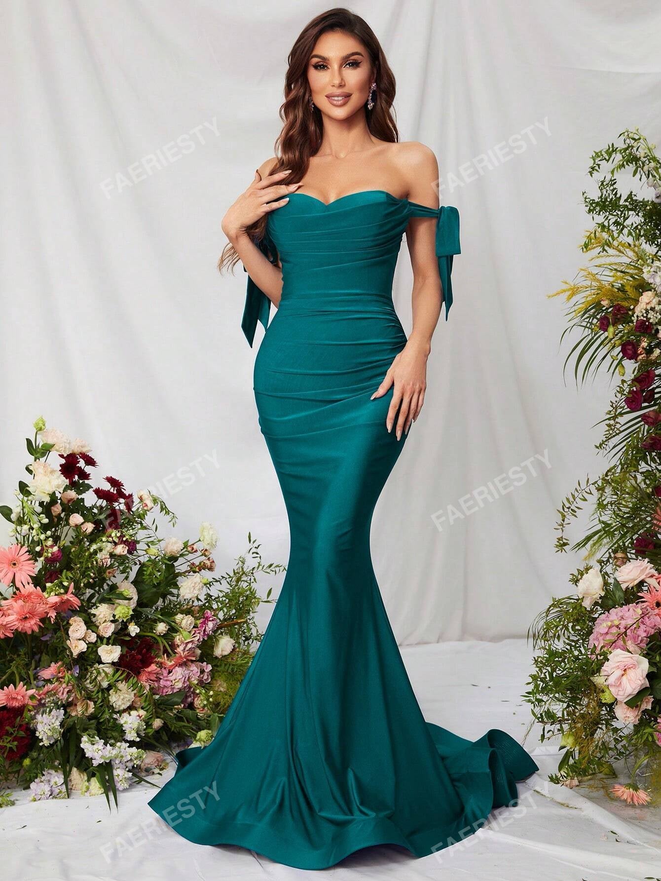 Off Shoulder Knot Side Ruched Satin Formal Dress, Elegant Prom Evening Wedding Guest Gown, for Graduation, Dinner