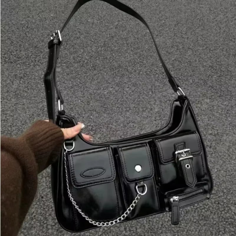 Y2K Korean Women Harajuku Vintage Gothic Black Hand Bag Aesthetic Elegant Punk Wallet Purse Handbags Shoulder Trend Tote Bags